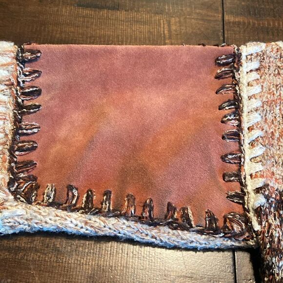 Vintage Kensington Patchwork Cable Knit & Leather Boho Cardigan Sweater large - Picture 7 of 8